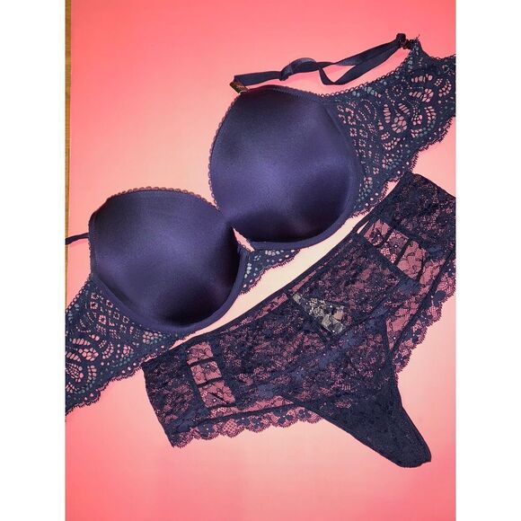 NWT Victoria's Secret push up 36D BRA SET+L Thong NAVY BLUE lace VERY SEXY - Picture 2 of 4